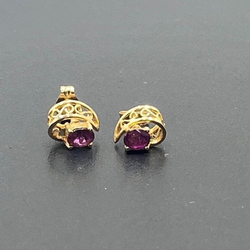 14k Solid Yellow Gold Genuine Oval Ruby Filigree‎ Scroll Earrings Studs Precious